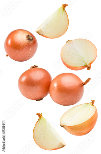 Fototapeta Naklejka Na Ścianę i Meble -  flying onion with cut of onion isolated on white background. clipping path