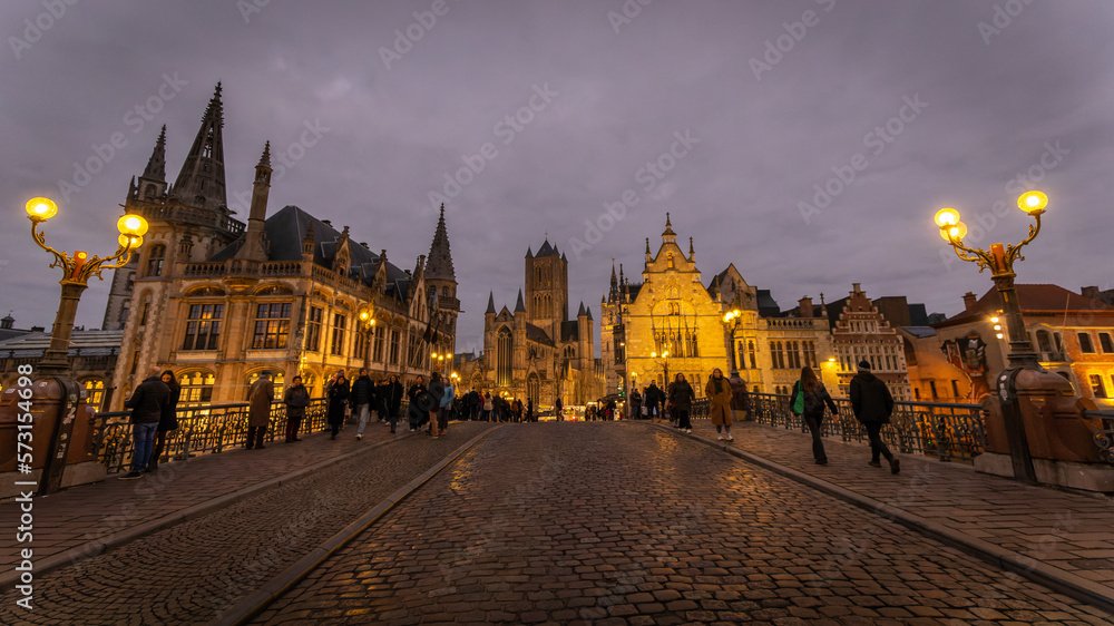 Famous architecture and cityscape in Gent, Belgium in January 2023
