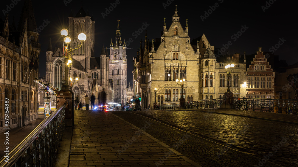 Beautiful Belgian architecture at night in Gent, Belgium in January 2023