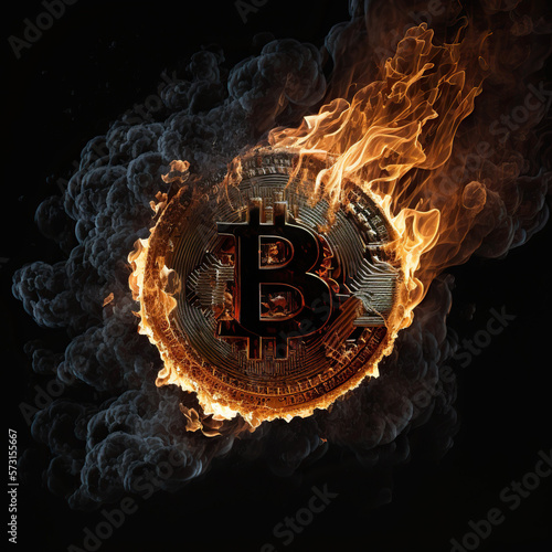 bitcoin coin in flames, on black background