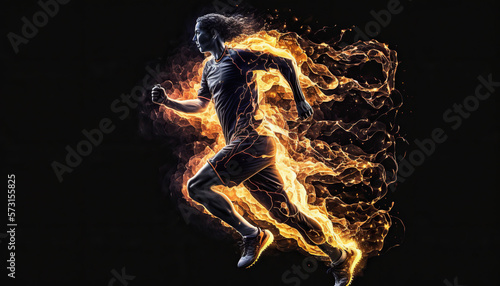 person on fire running, on black background