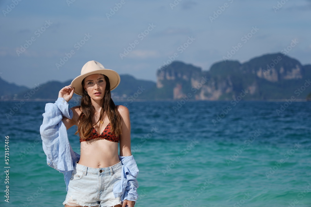 woman on the beach in krabi thailand, poda island, model shooting