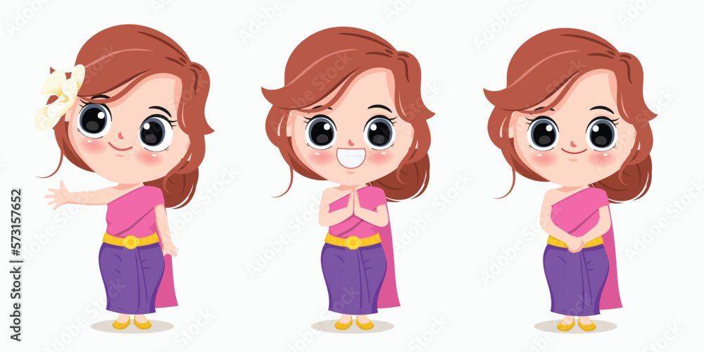 Cartoon character of traditional Thai girl in namaste poses. Cartoon vector illustration drawing. Amazing Thailand reception concept. Cartoon character of traditional Thai girl in namaste poses. Cartoon vector illustration drawing. Amazing Thailand reception concept.