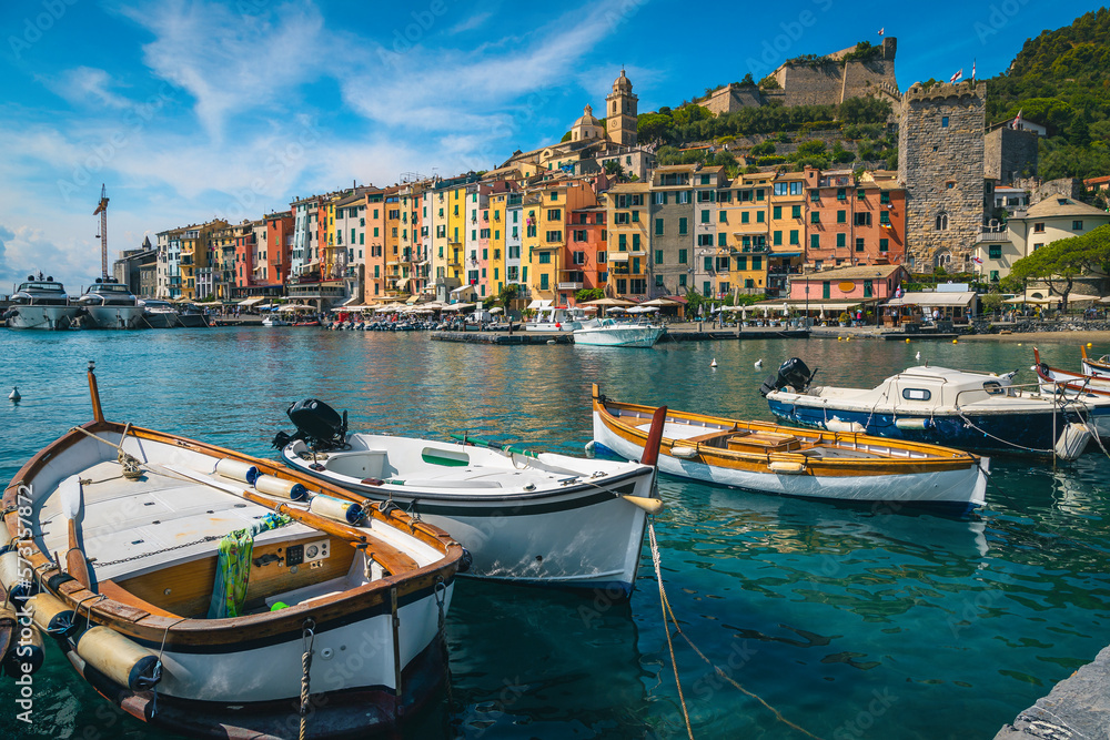 Colorful buildings and fishing boats in harbor, Porto Venere, Italy