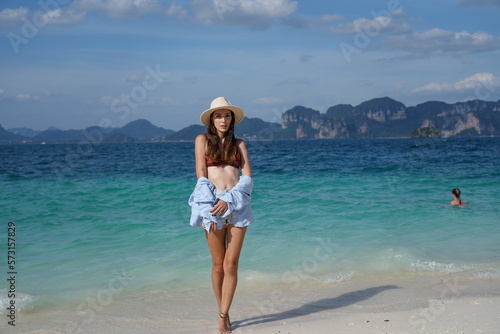 woman on the beach in krabi thailand  poda island  model shooting
