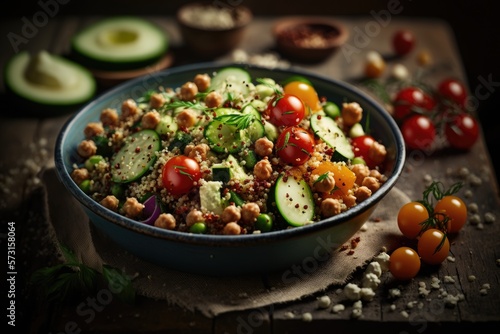 A quinoa salad with chickpeas, tomatoes and cucumber