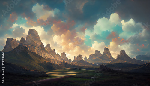 Rocky valley under cloudy sky. Picturesque landscape. Imitation of oil painting. AI-generated