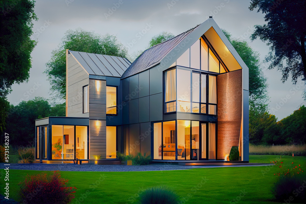 Exterior image of a new luxurious modern house, eco friendly living concept house. Green energy house/home, innovative solar panels. Real estate and ecology concept. Generative AI technology Exterior image of a new luxurious modern house, eco friendly living concept house. Green energy house/home, innovative solar panels. Real estate and ecology concept. Generative AI technology