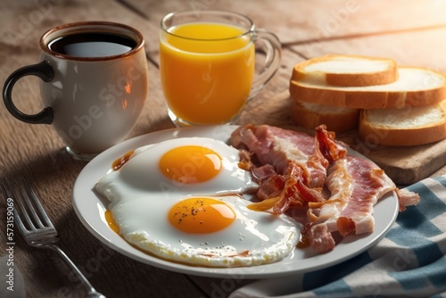 Breakfast with fried eggs, bread and coffee, Generative AI