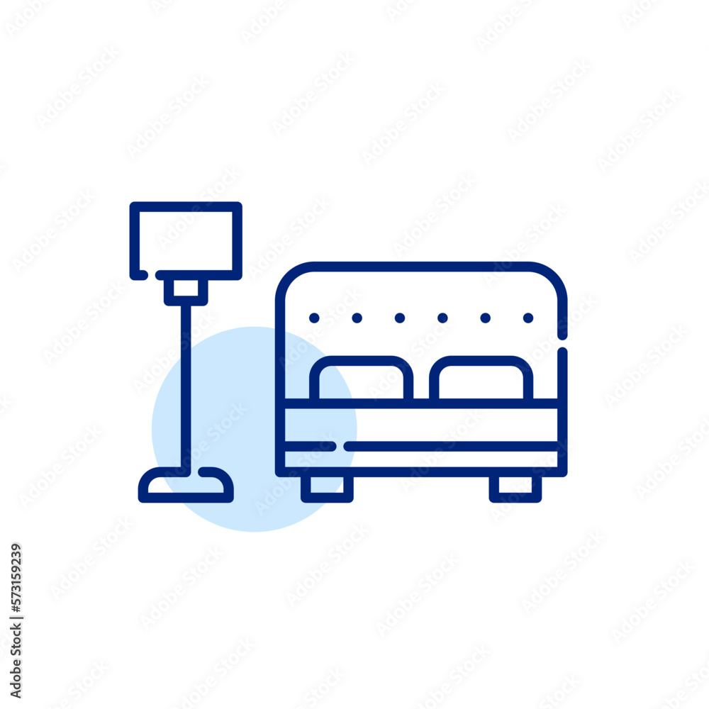 Double bed and floor lamp. Bedroom or hotel room furniture. Pixel perfect, editable stroke icon Double bed and floor lamp. Bedroom or hotel room furniture. Pixel perfect, editable stroke icon