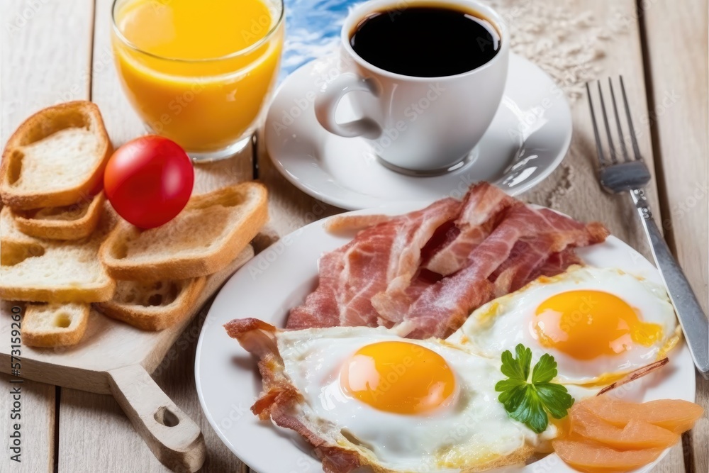 Breakfast with fried eggs, bread and coffee, Generative AI Breakfast with fried eggs, bread and coffee, Generative AI