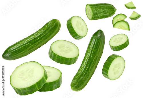 flying cucumbers with slices isolated on white background. clipping path