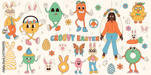 Groovy hippie Happy Easter set. Easter bunny  eggs  butterflies  cupcakes  chickens. Set of cartoon characters and elements in trendy retro 60s 70s cartoon style.