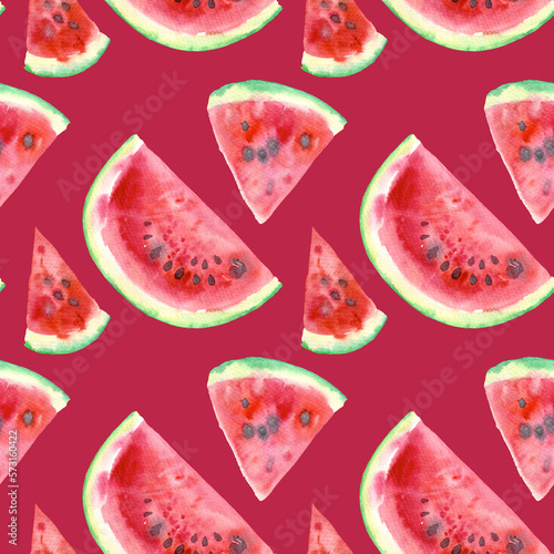Watercolor seamless pattern with fresh watermelon slices on Viva Magenta background. Hand painted illustration. Repeating summer fruit background. Bright and juicy. Fruits pattern.