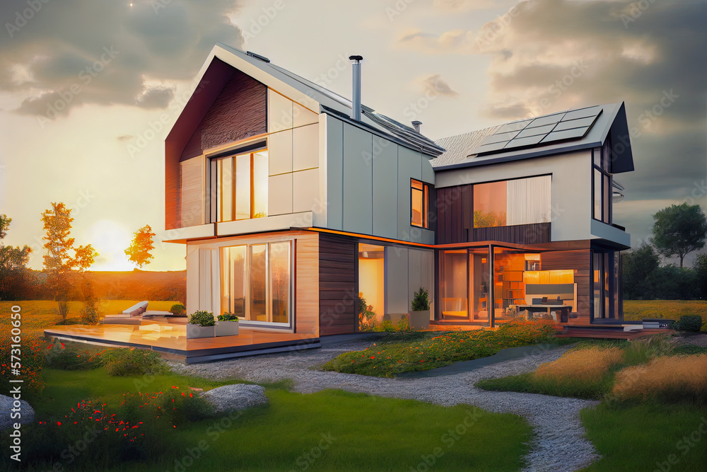 Exterior image of a new luxurious modern house, eco friendly living