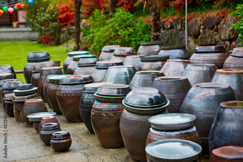 Clay pots for Kimchi at the temple complex at Hawsun in south Korea in the Jeonam province Clay pots for Kimchi at the temple complex at Hawsun in south Korea in the Jeonam province