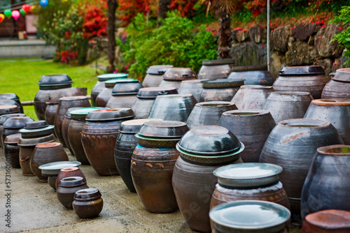 Clay pots for Kimchi at the temple complex at Hawsun in south Korea in the Jeonam province photo