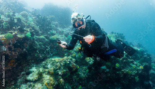 Wallpaper Mural Scuba diver exploring coral reef close to Komodo Island in Indonesia Torontodigital.ca