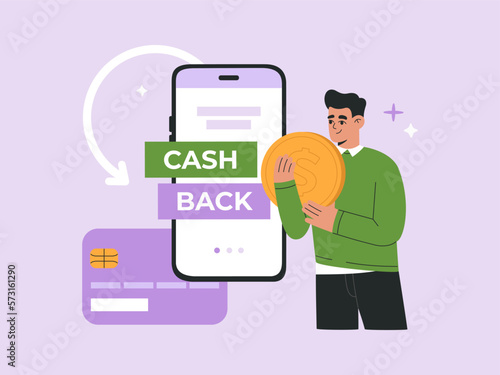 Online cashback concept. Man holding big dollar coin. Refund money from payment. Internet transaction, money saving. Mobile phone screen, arrow, credit card. Vector illustration, flat cartoon style