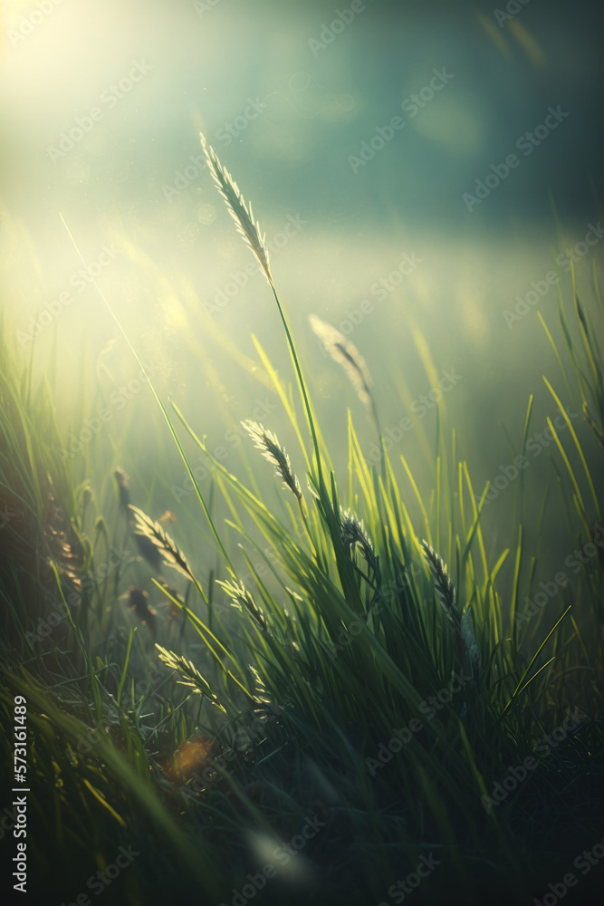 Green grass with dew drops . Summer meadow close-up. Morning sun and fog. Ai generative