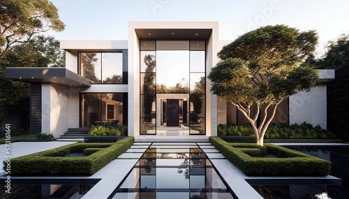 Luxury Beverly Hills Mansion house with Stunning Pool and Garden View. Modern Minimalist Design. Generative ai illustration