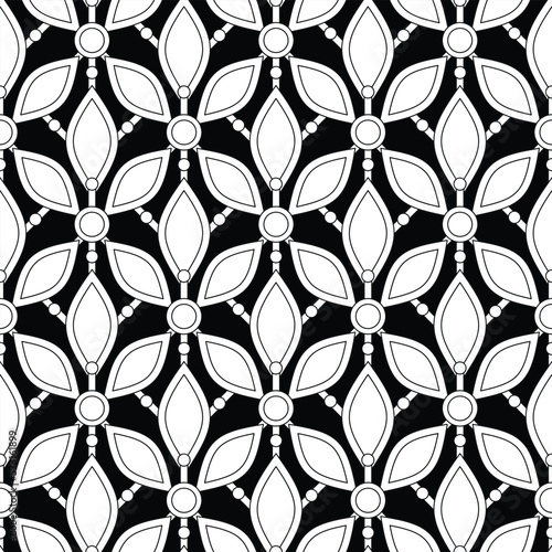 Seamless Aesthetic Pattern with Abstract Crystals. Endless Modern Mosaic Texture on Black. Futuristic Floral Concept. Vector Contour Illustration. Coloring Book Page