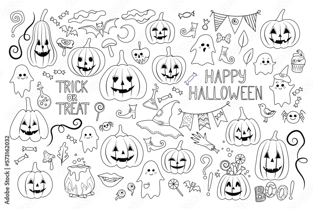 Big Collection of Halloween Elements. Pumpkins, Zombie and Ghosts, Spiders and Bats, Witchcraft and a Lot of Deco Elements.  Coloring Book Page. Vector Illustration