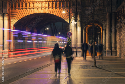 Arch over Ciragan street in Istanbul. Night photography with long exposure.