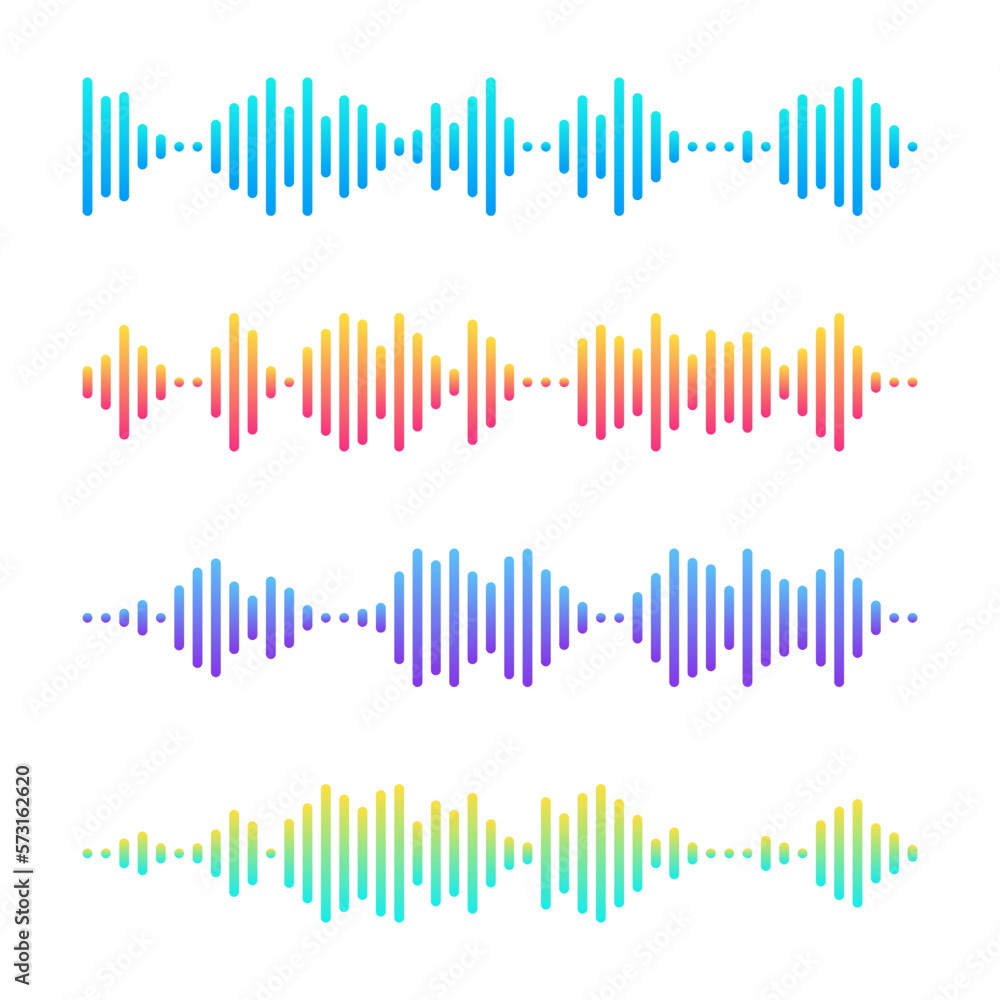 Music sound waves. Set of 4 colorful audio waves with gradient. Isolated vector and PNG illustration on transparent background.