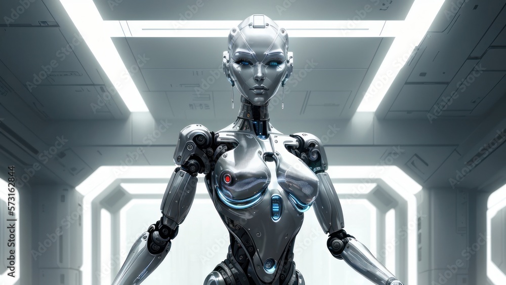 Futuristic humanoid robot with sleek design showcased in a metallic blue and silver color scheme | generative AI