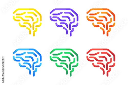 Brain vector illustration set. Different colors ai brain. Artificial intellegent neuron vector illustration.
