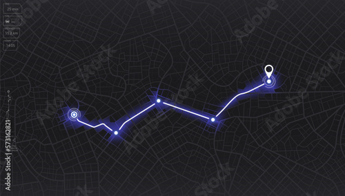 GPS map. City street road. Abstract transportation. City top view. Hi-tech vector background. route distance data, path turns and destination tag or mark