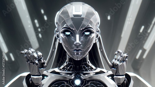 Futuristic humanoid robot with sleek design showcased in a metallic blue and silver color scheme   generative AI © ArtisanSamurai