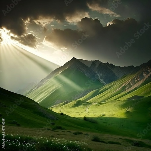 sun ray,, green pasture, tall mountain, website design
