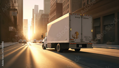 Commercial delivery truck on the street at sunset. Generative AI