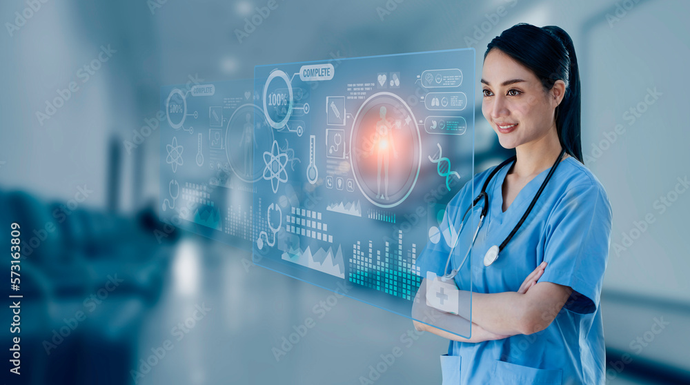 Medicine doctor touching on digital tablet and hologram modern virtual screen interface icons, Medical technology and futuristic concept. Medicine doctor touching on digital tablet and hologram modern virtual screen interface icons, Medical technology and futuristic concept.