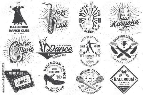 Ballroom dance sport club and retro music logos, badges design. Dance sport and retro music sticker with shoes for ballroom dancing, man and woman, retro microphone, saxophone , audio cassette