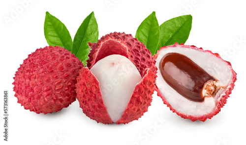 fresh lychee with slices and green leaves isolated on white background. clipping path