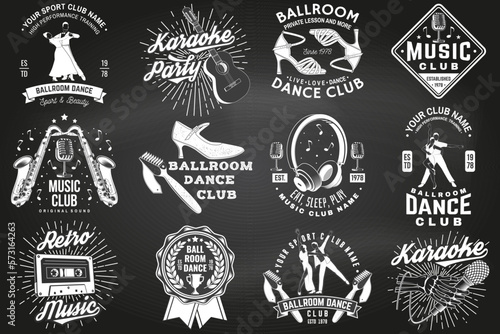 Ballroom dance sport club and retro music logos, badges design on chalkboard. Dance sport and retro music sticker with shoes for ballroom dancing, man and woman, retro microphone, saxophone , audio