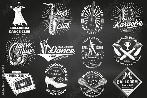 Ballroom dance sport club and retro music logos, badges design on chalkboard. Dance sport and retro music sticker with shoes for ballroom dancing, man and woman, retro microphone, saxophone , audio