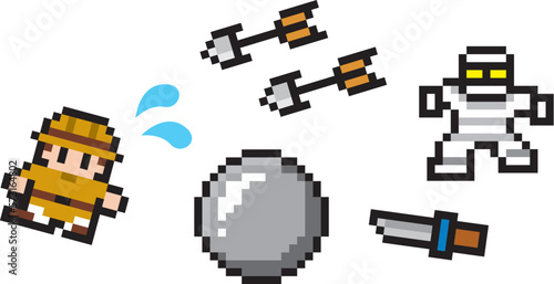 探検ゲーム風ドット絵　罠から逃げる探検家