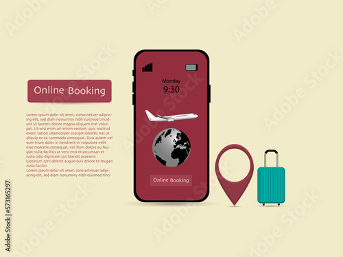 White airplane  taking off in the air with wold map   flight path location pin,uggage on phone screen yellow  background , vector illustration ,Booking Business travel holiday summer Concept