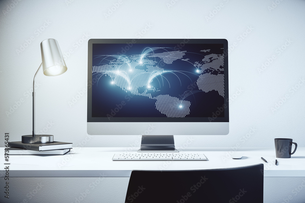 Modern computer monitor with abstract digital world map with connections, research and strategy concept. 3D Rendering