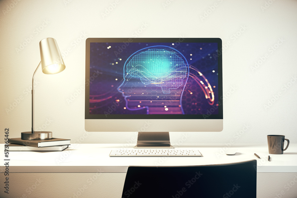 Modern computer screen with creative human head microcircuit. Future technology and AI concept. 3D Rendering Modern computer screen with creative human head microcircuit. Future technology and AI concept. 3D Rendering