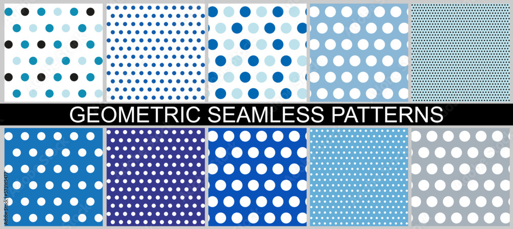 A set of ten fashionable classic polka dot patterns in retro style, in blue tones.