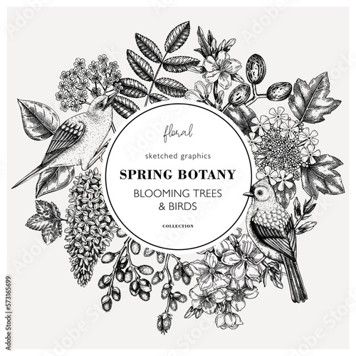 Vintage spring hand drawn wreath template. Floral frame designs with birds, flowers, leaves and blooming tree branches. Almond, willow, rowan, willow, lilac, cherry blossom sketches for card prints