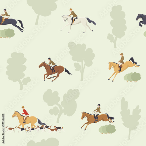 Tradition fox hunting with horse riders english style on landscape, vector seamless pattern