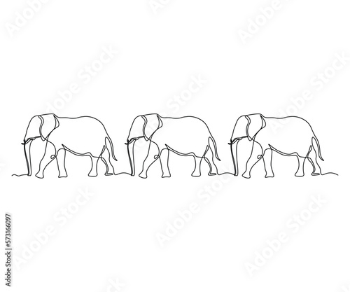 abstract three elephants walking one after another in a row , hand-drawn, continuous monoline, drawing in one line