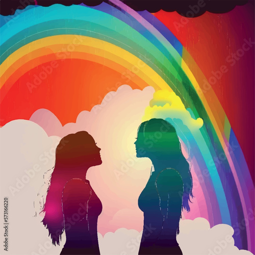 Anonymous silhouette of Two women looking each other, there is a rainbow at background. LGBTQ concept.