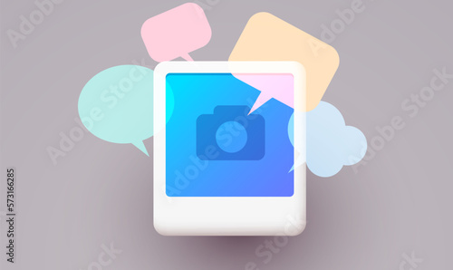 Social media photo frame with chat bubbles. Comments and followers concept.